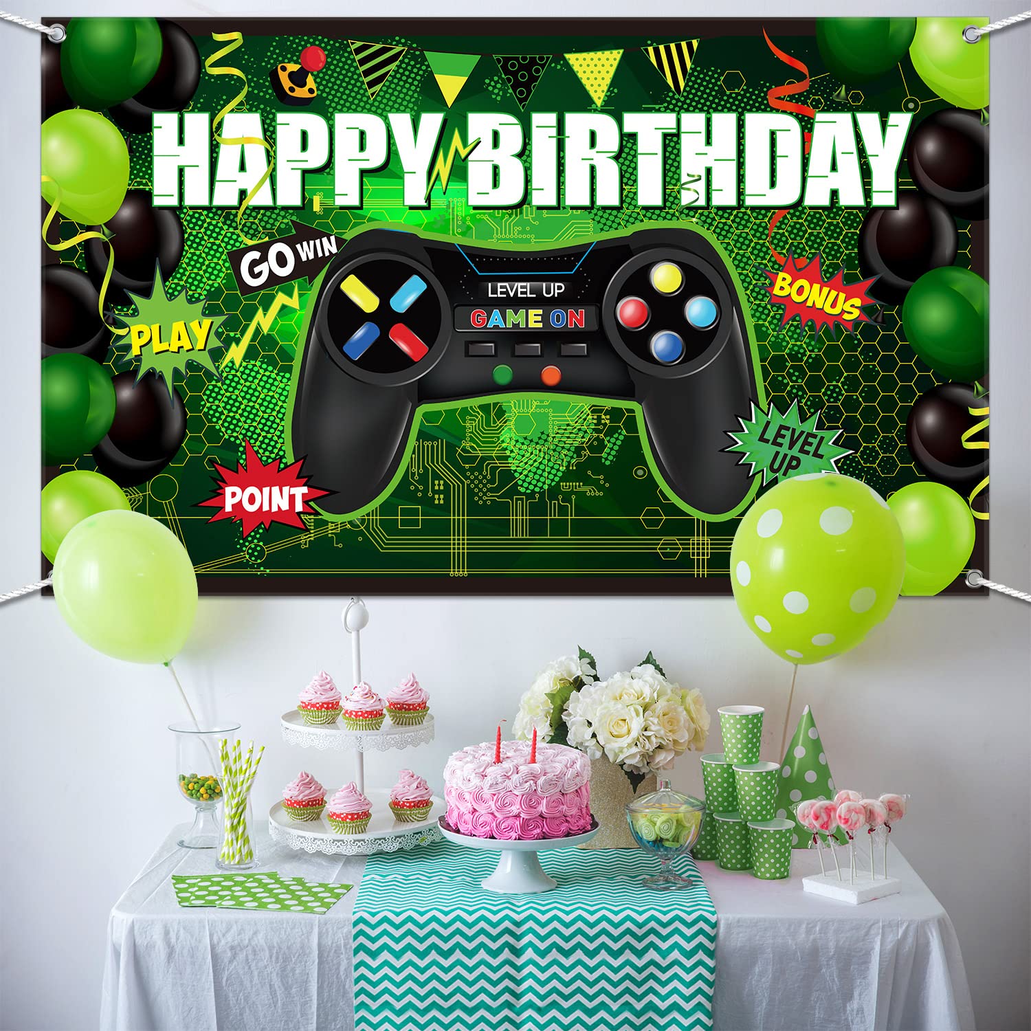 Video Game Happy Birthday Backdrop Game on Birthday Party Backdrop Banner Level up Gaming Theme Party Background Photo Props for Video Game Party Wall Decorations Supplies (Green)