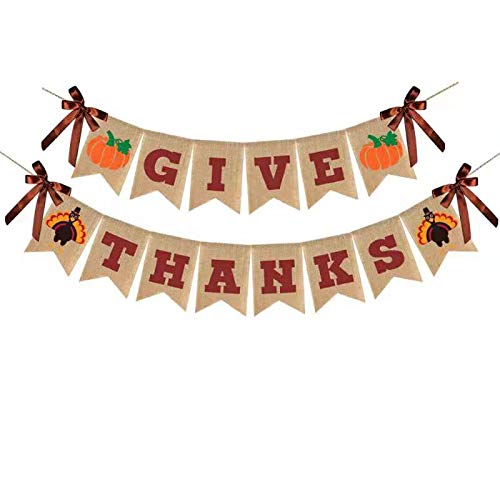 Give Thanks Burlap Banner, Thanksgiving Banner Burlap, Thanksgiving Decorations, Reusable Pre-Strung Thanksgiving Decoration for Thanksgiving Party Supplies Fireplace Mantle Home Decor