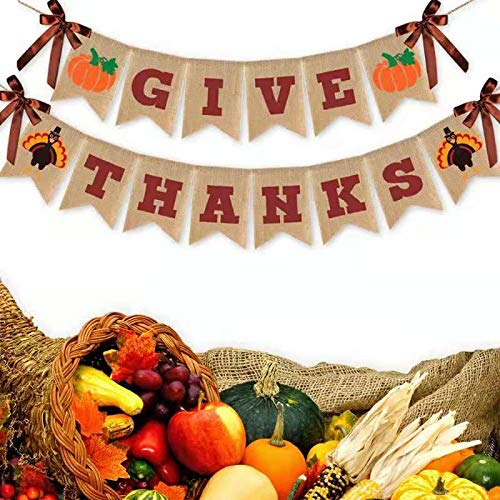 Give Thanks Burlap Banner, Thanksgiving Banner Burlap, Thanksgiving Decorations, Reusable Pre-Strung Thanksgiving Decoration for Thanksgiving Party Supplies Fireplace Mantle Home Decor