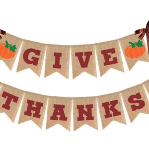 Give Thanks Burlap Banner, Thanksgiving Banner Burlap, Thanksgiving Decorations, Reusable Pre-Strung Thanksgiving Decoration for Thanksgiving Party Supplies Fireplace Mantle Home Decor