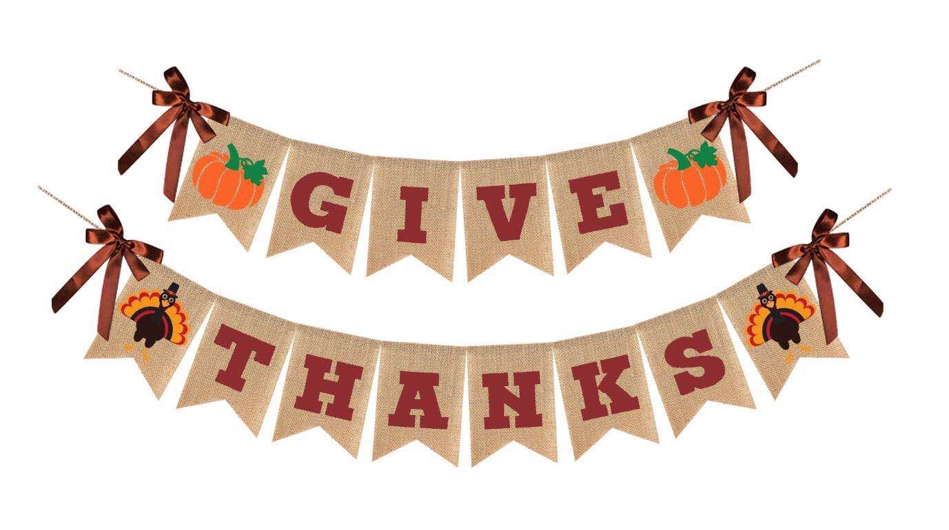 Give Thanks Burlap Banner, Thanksgiving Banner Burlap, Thanksgiving Decorations, Reusable Pre-Strung Thanksgiving Decoration for Thanksgiving Party Supplies Fireplace Mantle Home Decor