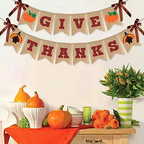 Give Thanks Burlap Banner, Thanksgiving Banner Burlap, Thanksgiving Decorations, Reusable Pre-Strung Thanksgiving Decoration for Thanksgiving Party Supplies Fireplace Mantle Home Decor