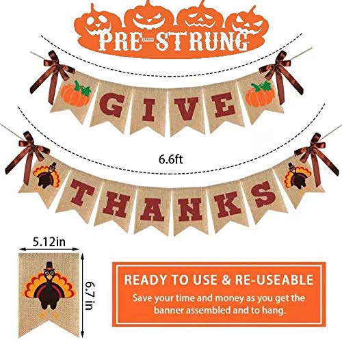 Give Thanks Burlap Banner, Thanksgiving Banner Burlap, Thanksgiving Decorations, Reusable Pre-Strung Thanksgiving Decoration for Thanksgiving Party Supplies Fireplace Mantle Home Decor