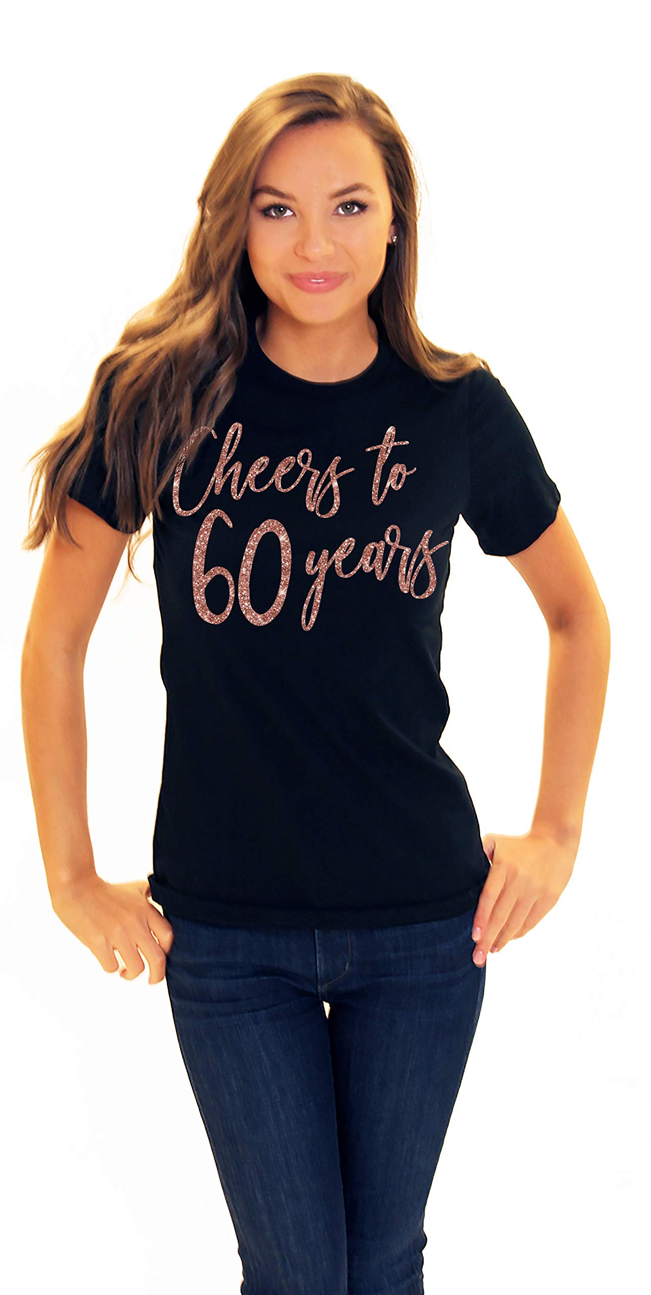 60th Birthday Tee Shirts for Women - Rose Gold Cheers to 60 Years T-Shirt - 60th Birthday Tops - Large - Black Tee(Cheers60 RG) Blk/Lrg