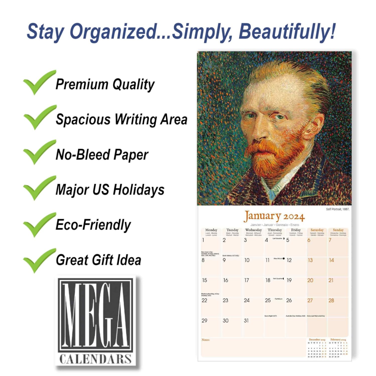 2023 2024 Van Gogh Calendar - Artists Monthly Wall Calendar - 12 x 24 Open - Thick No-Bleed Paper - Giftable - Academic Teacher's Planner Calendar Organizing & Planning