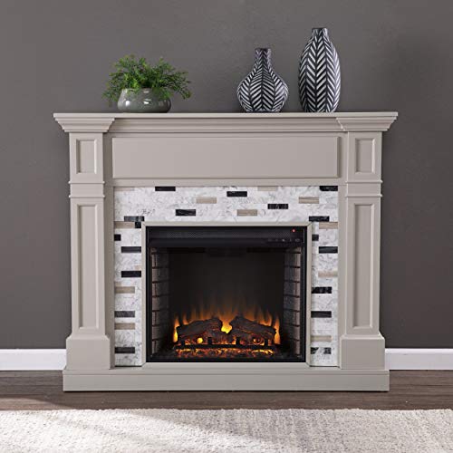 SEI Furniture Birkover Electric Fireplace with Multicolor Marble Surround, Gray