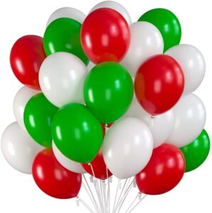 prextex 75 party balloons 12 inch red, green and white balloons with ribbon for decorations or xmas color themed party, weddings, baby shower, birthday parties, helium quality