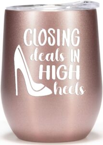 realtor gifts for women - 12oz tumbler cup wine glass - real estate agent thank you gift on closing rose gold travel coffee mug