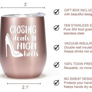 Realtor Gifts for Women - 12oz Tumbler Cup Wine Glass - Real Estate Agent Thank You Gift on Closing Rose Gold Travel Coffee Mug