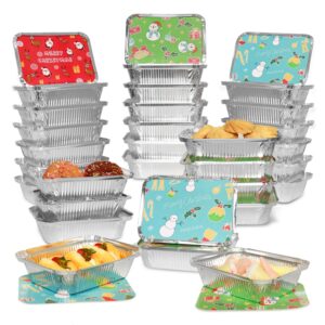 rocinha 36 pcs christmas aluminum foil pans with lids-3 holiday print designs, aluminum food containers disposable, christmas tins for food, candy, cookie exchange & party leftovers, 7.3"x 5.2" x 2"