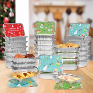 Rocinha 36 PCS Christmas Aluminum Foil Pans with Lids-3 Holiday Print Designs, Aluminum Food Containers Disposable, Christmas Tins for Food, Candy, Cookie Exchange & Party Leftovers, 7.3"x 5.2" x 2"