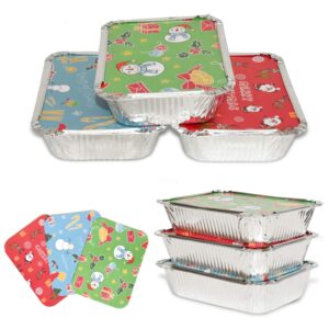 Rocinha 36 PCS Christmas Aluminum Foil Pans with Lids-3 Holiday Print Designs, Aluminum Food Containers Disposable, Christmas Tins for Food, Candy, Cookie Exchange & Party Leftovers, 7.3"x 5.2" x 2"