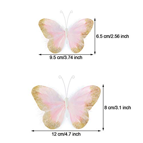 16 Pieces Feather 3D Butterfly Wall Decals Gold Glitter Butterfly Decor Stickers for Room Home Nursery Classroom Offices Kids Girl Boy Bedroom Bathroom Living Room Decor (Light Pink)