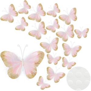 16 pieces feather 3d butterfly wall decals gold glitter butterfly decor stickers for room home nursery classroom offices kids girl boy bedroom bathroom living room decor (light pink)