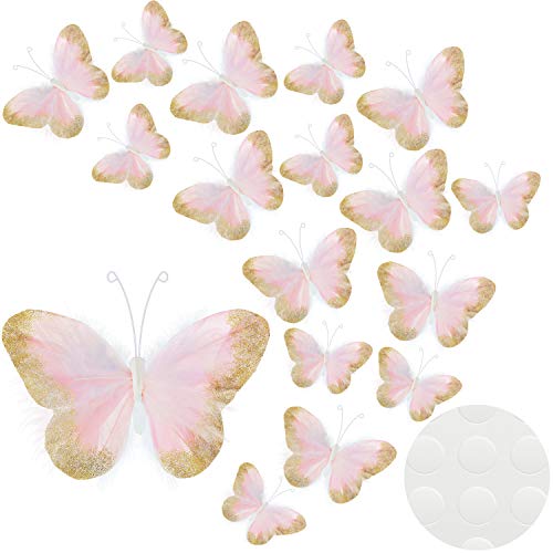 16 Pieces Feather 3D Butterfly Wall Decals Gold Glitter Butterfly Decor Stickers for Room Home Nursery Classroom Offices Kids Girl Boy Bedroom Bathroom Living Room Decor (Light Pink)