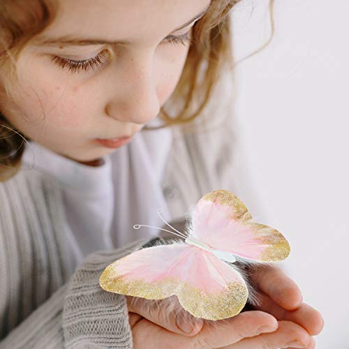 16 Pieces Feather 3D Butterfly Wall Decals Gold Glitter Butterfly Decor Stickers for Room Home Nursery Classroom Offices Kids Girl Boy Bedroom Bathroom Living Room Decor (Light Pink)