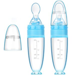 2 Pieces Silicone Baby Spoons Baby Feeding Spoon with Standing Base for Infant 0-24 Months Dispensing and Feeding (Blue)