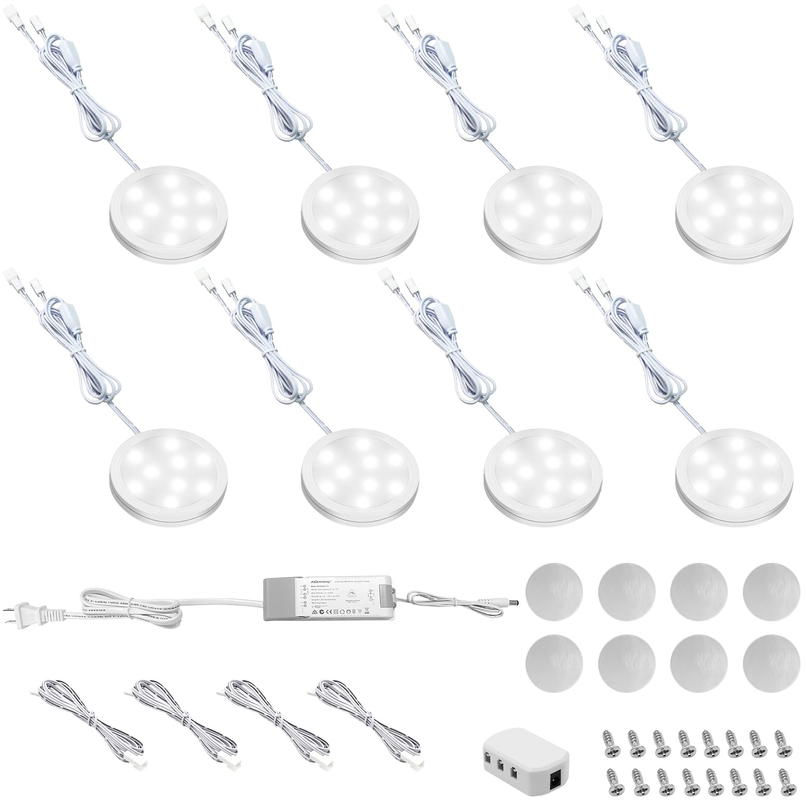 HURYEE Under Cabinet Lighting Puck Lights, 12V Linkable Led Puck Lights, Plug in/Hardwired, LED Driver, Dimmable Transformer Compatible with Most Dimmer Switch, 8 Pack Daywhite 6000K