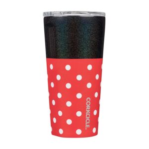 corkcicle disney minnie travel tumbler, insulated water bottle with lid, spill proof for wine, coffee, tea, and hot cocoa,polka dot red, 16 oz
