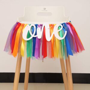 waouh rainbow banner for 1st birthday - highchair banner for first birthday decoration, cake smash photo prop, tulle garland banner (colorful)