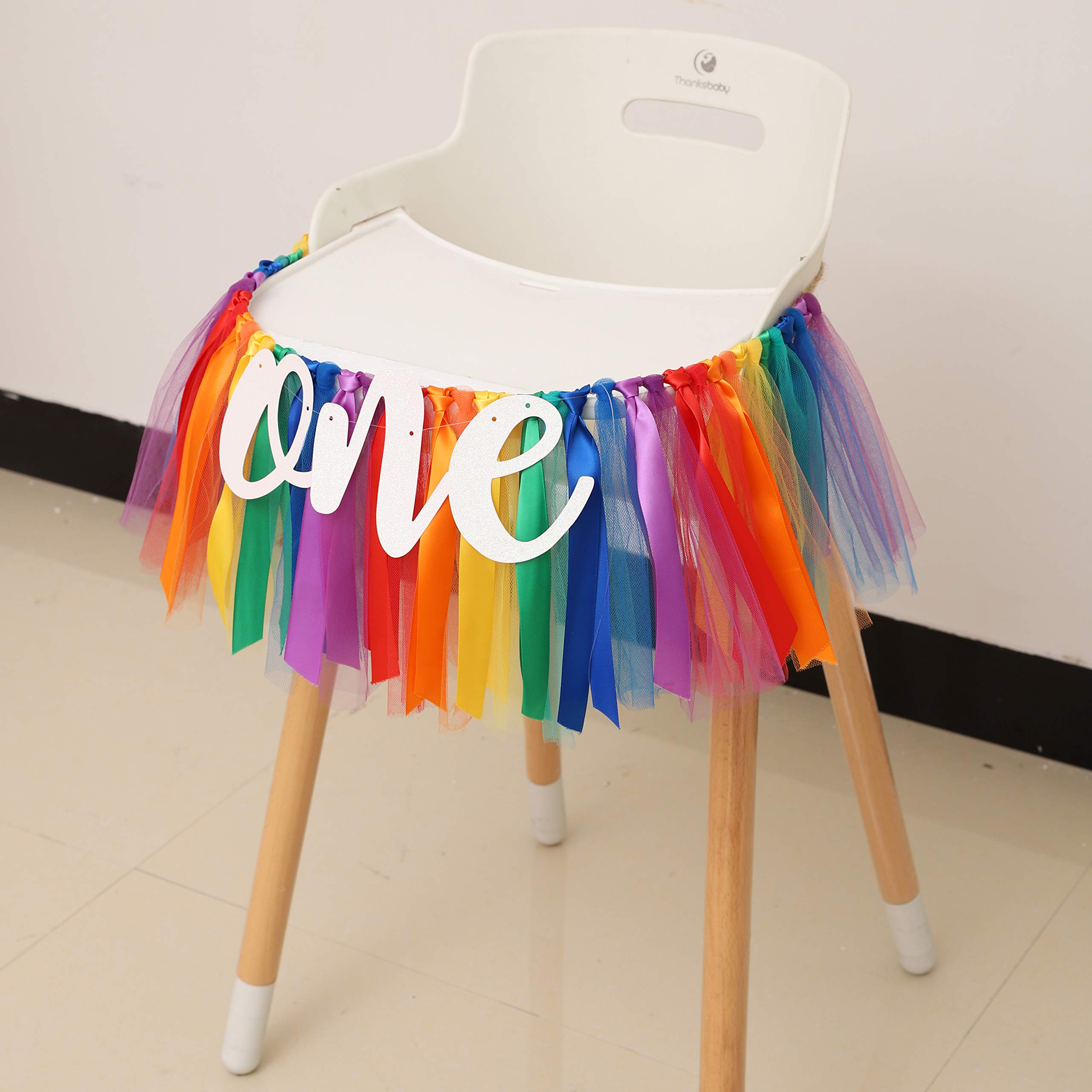 WAOUH Rainbow Banner for 1st Birthday - Highchair Banner for First Birthday Decoration, Cake Smash Photo Prop, Tulle Garland Banner (Colorful)