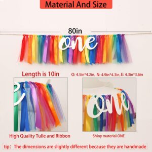 WAOUH Rainbow Banner for 1st Birthday - Highchair Banner for First Birthday Decoration, Cake Smash Photo Prop, Tulle Garland Banner (Colorful)