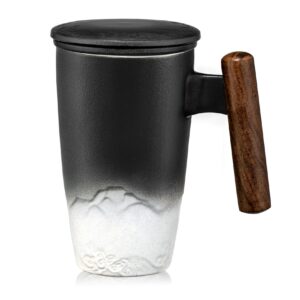 suyika tomotime ceramic tea cup with infuser and lid tea mugs wooden handle 400ml/13.5oz black