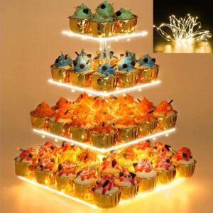 cupcake stand - premium cupcake holder - acrylic cupcake tower display - cady bar party décor - 4 tier acrylic display for pastry + led light string - ideal for weddings, birthday (yellow light)