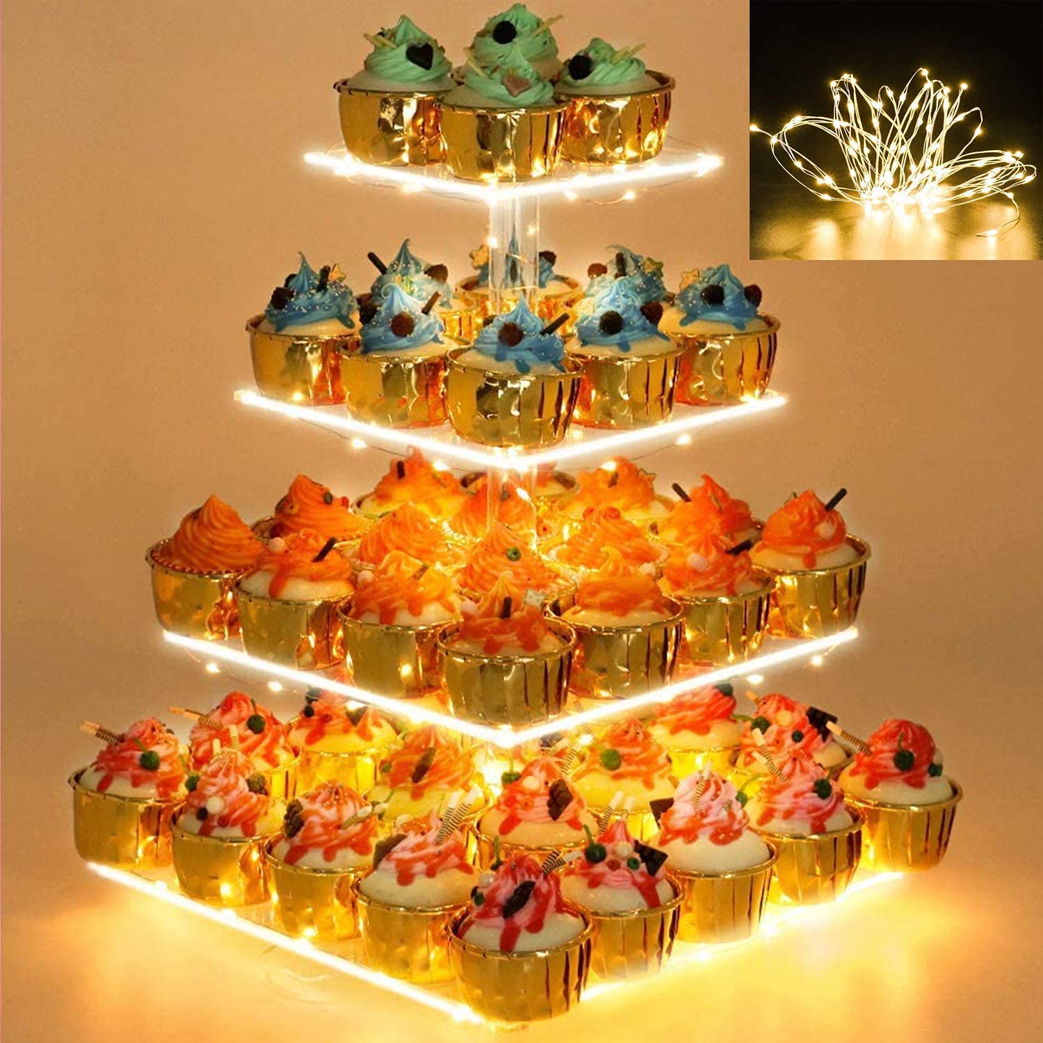 Cupcake Stand - Premium Cupcake Holder - Acrylic Cupcake Tower Display - Cady Bar Party Décor - 4 Tier Acrylic Display for Pastry + LED Light String - Ideal for Weddings, Birthday (Yellow Light)