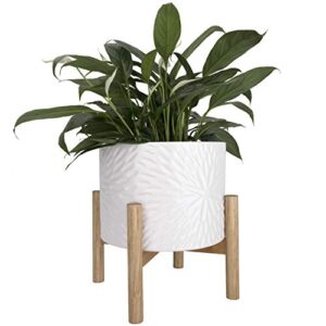 la jolie muse white planter with stand,mid century planters for indoor plants,ceramic plant pot with stand - 8 inch unique modern flower pots indoor with drainage holes