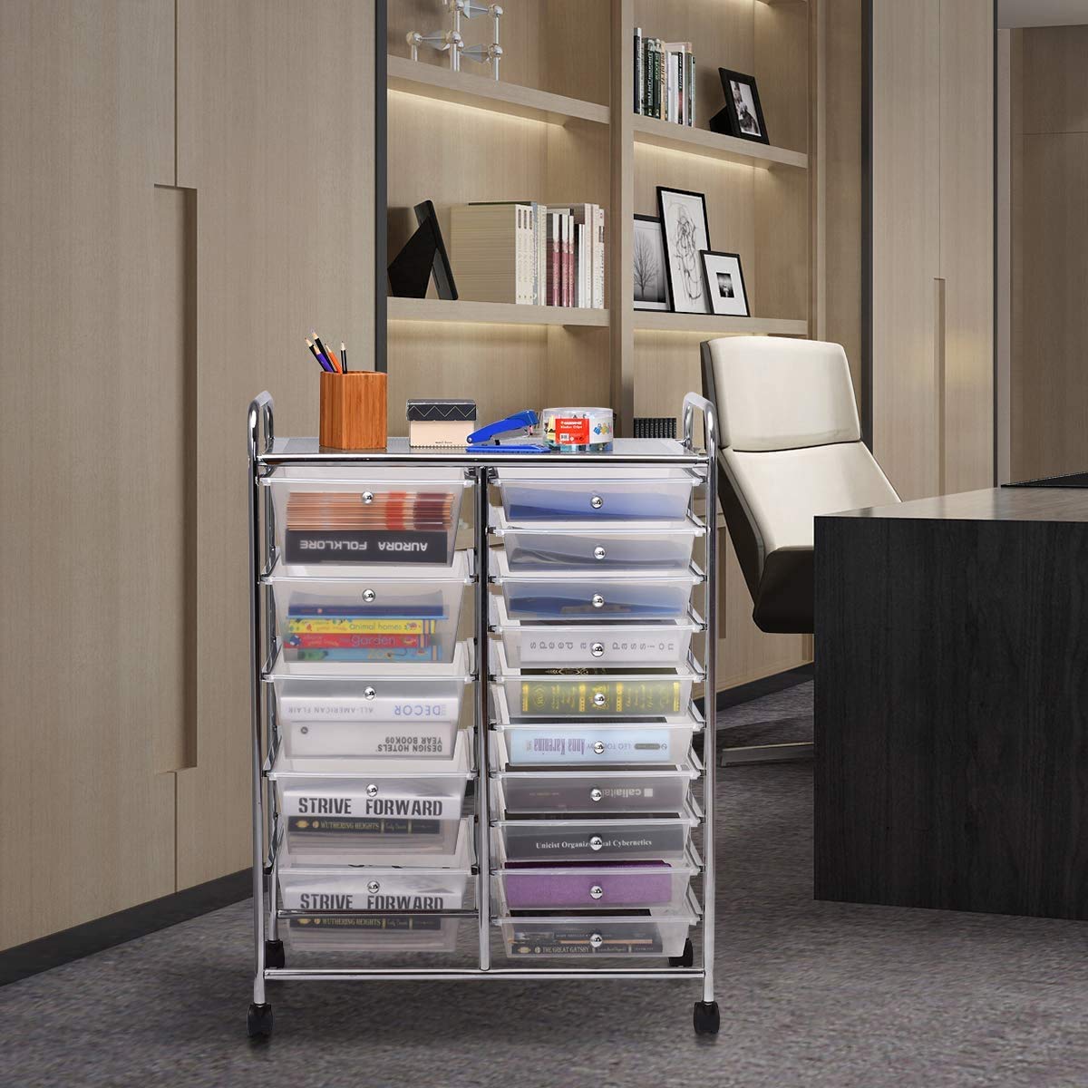 ARLIME 15-Drawer Storage Cart, 15 Drawer Trolley, Rolling Organizer Cart, Scrapbook Paper Organizer, Suitable for Office and School, Rolling Office Organizer Tools (Clear)