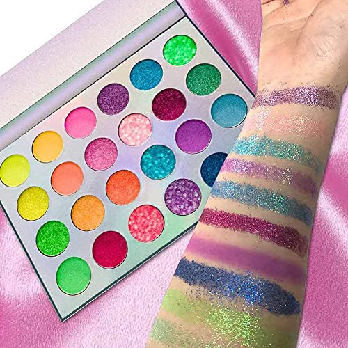 POZILAN 24 Colors Glow in the Dark Glitter Eyeshadow Palette, Fluorescent Neon Eye Shadow, Pigmented Bright Colorful Matte Shimmer Halloween Makeup Palettes Cosmetics