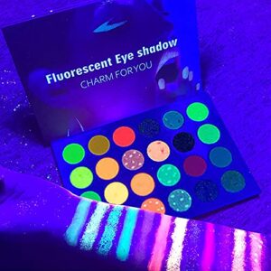 pozilan 24 colors glow in the dark glitter eyeshadow palette, fluorescent neon eye shadow, pigmented bright colorful matte shimmer halloween makeup palettes cosmetics