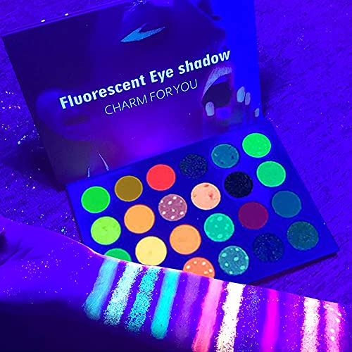 POZILAN 24 Colors Glow in the Dark Glitter Eyeshadow Palette, Fluorescent Neon Eye Shadow, Pigmented Bright Colorful Matte Shimmer Halloween Makeup Palettes Cosmetics