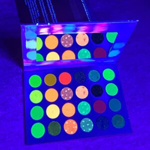 POZILAN 24 Colors Glow in the Dark Glitter Eyeshadow Palette, Fluorescent Neon Eye Shadow, Pigmented Bright Colorful Matte Shimmer Halloween Makeup Palettes Cosmetics