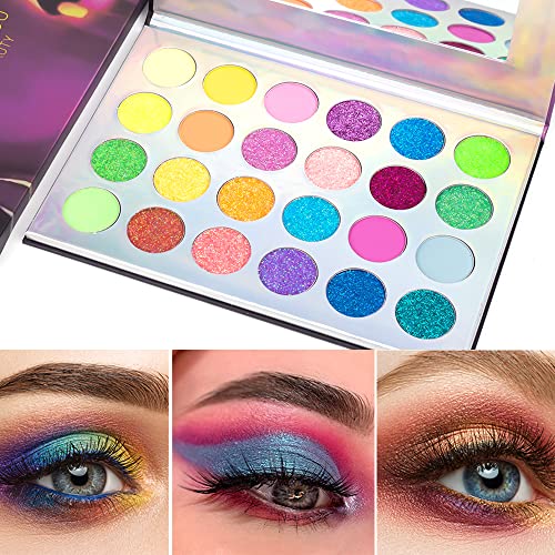 POZILAN 24 Colors Glow in the Dark Glitter Eyeshadow Palette, Fluorescent Neon Eye Shadow, Pigmented Bright Colorful Matte Shimmer Halloween Makeup Palettes Cosmetics