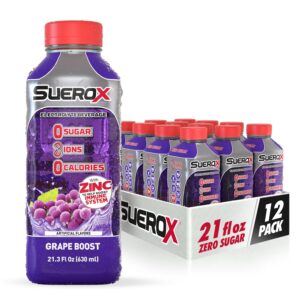 suerox zero sugar electrolyte drink for hydration and recovery, unique blend of electrolytes & 8 ions, zero calorie sports drink, 21.3 fl oz, grape boost, 12 count