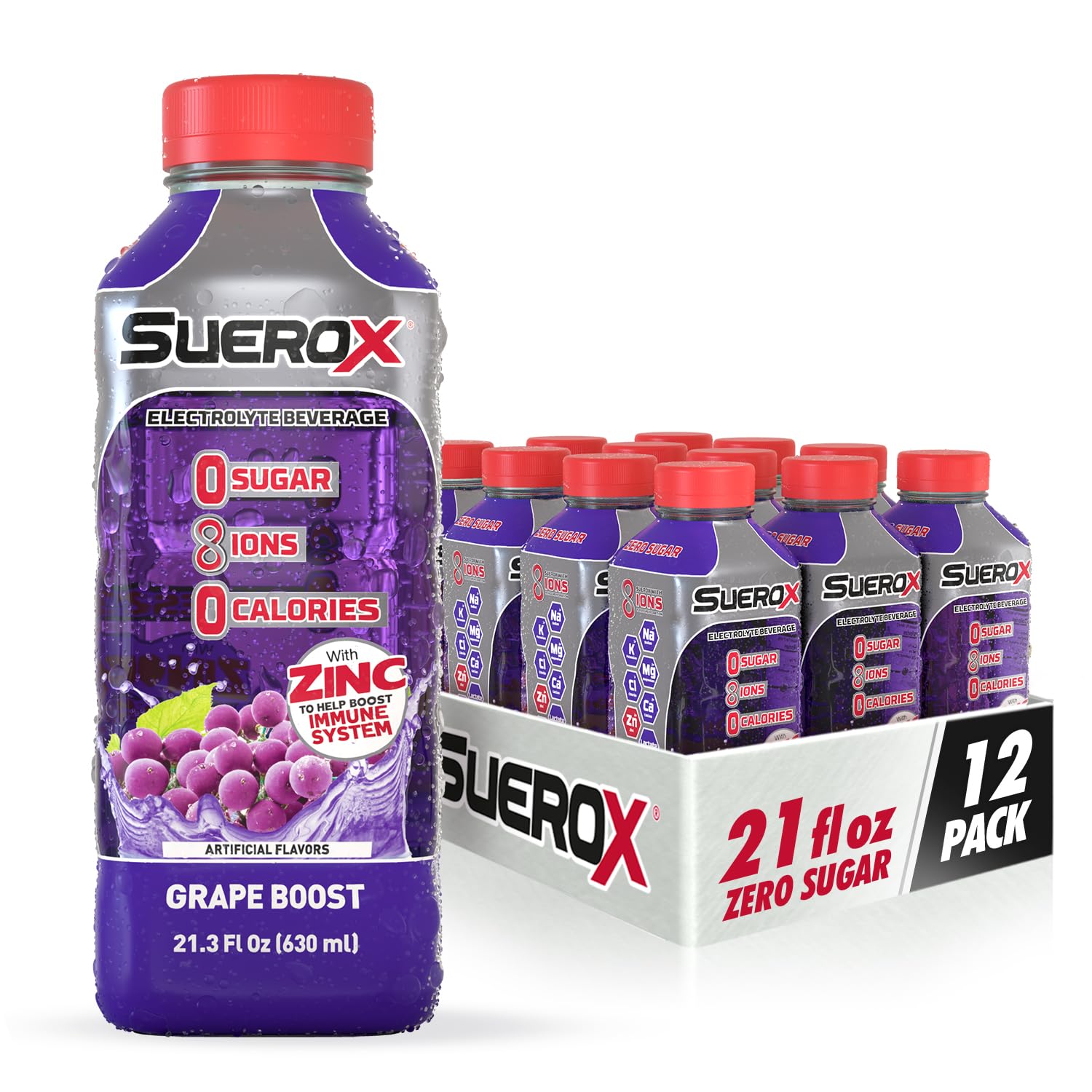 SueroX Zero Sugar Electrolyte Drink for Hydration and Recovery, Unique Blend of Electrolytes & 8 Ions, Zero Calorie Sports Drink, 21.3 Fl Oz, Grape Boost, 12 Count