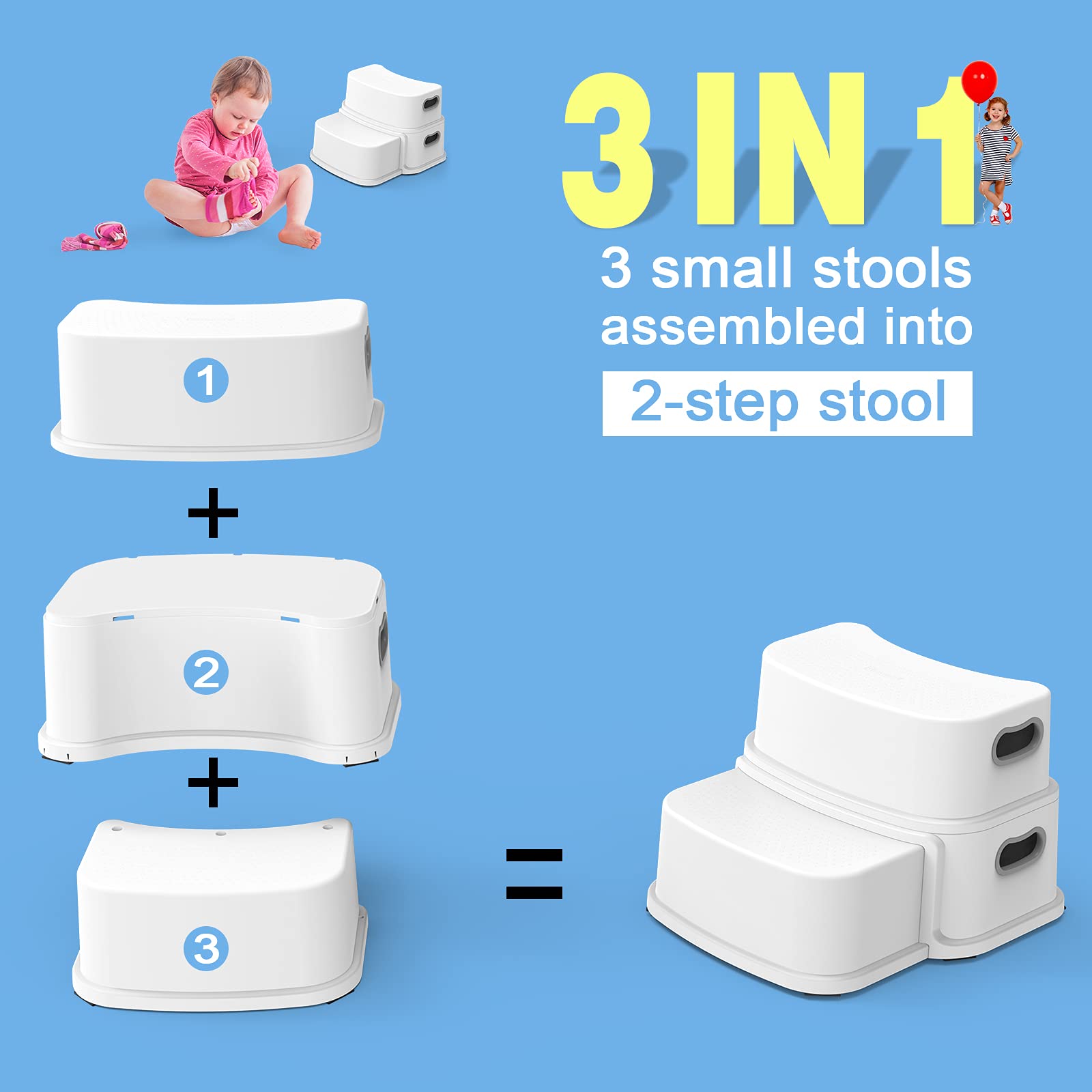 Glamore 2 Step Stool for Kids, Toddler Step Stool, Kids Step Stool for Potty Training, Bathroom Toilet Stool, Slip Resistant, Dual Height 4.5"- 9.4", Dual Width 5"- 6", White 2 Pack