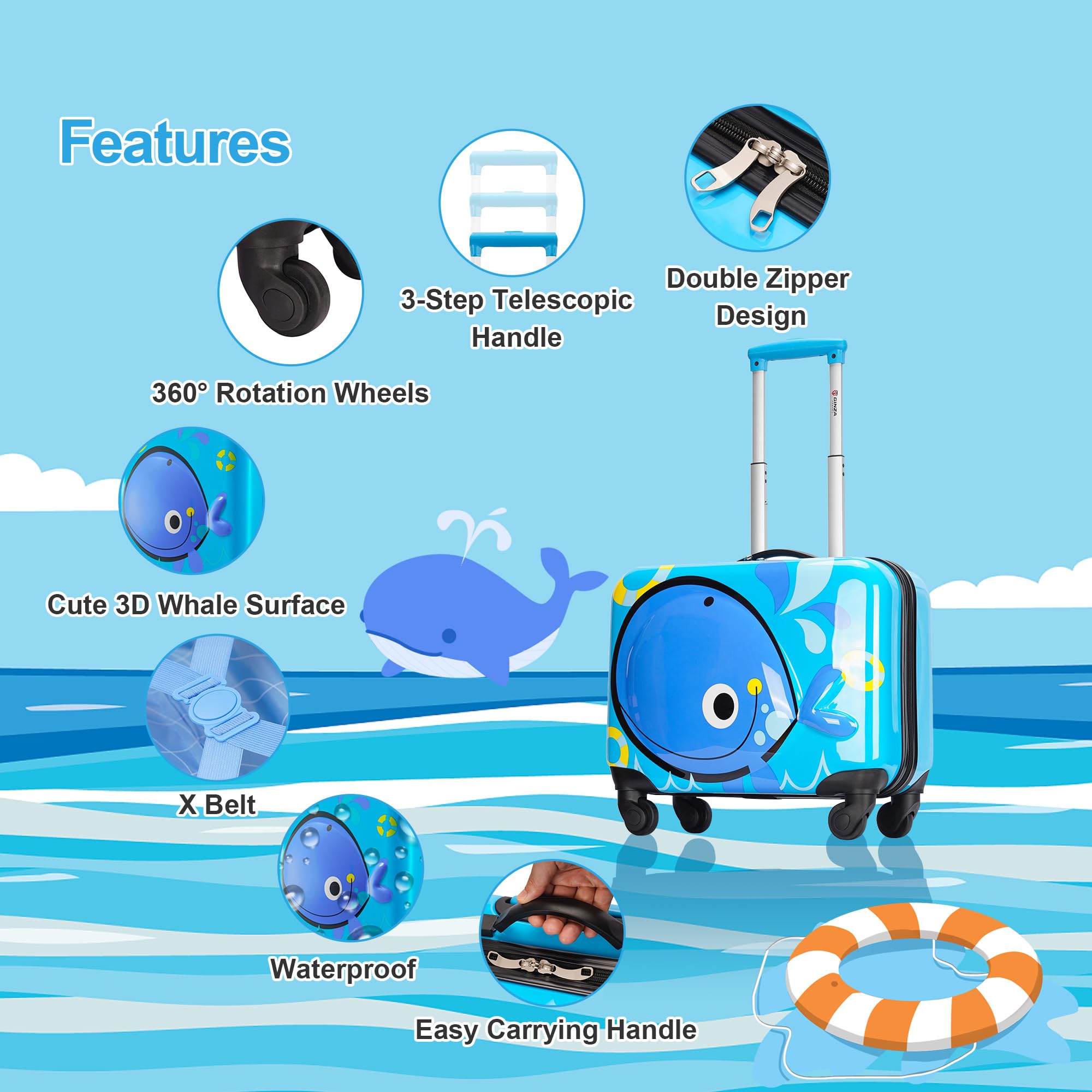 GinzaTravel 3D Little Whale Cute Children's Luggage Sit and Ride Trolley Case 18-inch Universal Wheel Travel Case for Boys and Girls