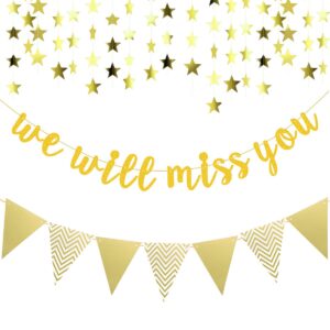 gold glitter graduation banner we will miss you and triangle flag banner star swirl banner for farewell party decorations supplies retirement going away office work job change party decorations (gold)
