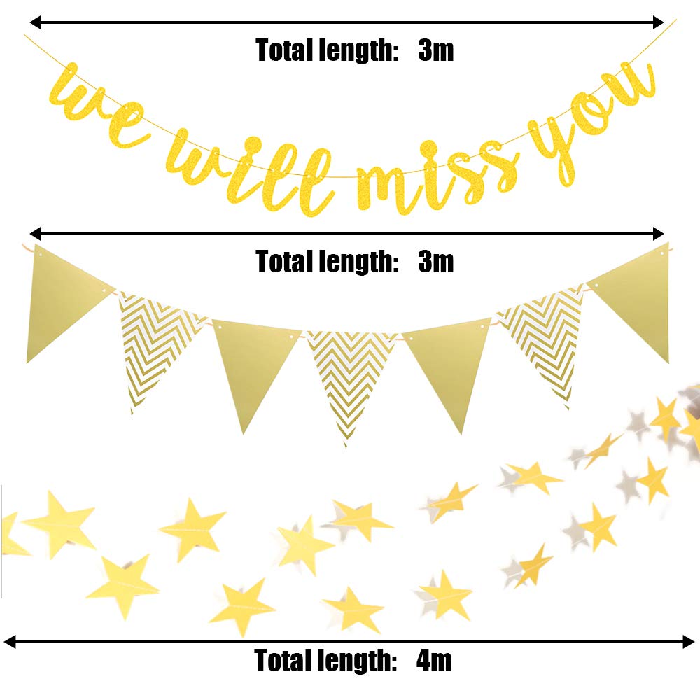 Gold Glitter Graduation Banner We Will Miss You and Triangle Flag Banner Star Swirl Banner for Farewell Party Decorations Supplies Retirement Going Away Office Work Job Change Party Decorations (Gold)