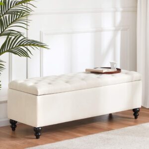 huimo button-tufted ottoman with storage in upholstered fabrics, large storage bench for bedroom, living room, entryway, storage ottoman bench with safety hinge hold up to 300lbs (ivory)