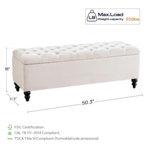 HUIMO Button-Tufted Ottoman with Storage in Upholstered Fabrics, Large Storage Bench for Bedroom, Living Room, Entryway, Storage Ottoman Bench with Safety Hinge Hold Up to 300lbs (Ivory)