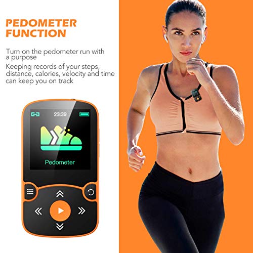 32GB MP3 Player with Clip, AGPTEK Bluetooth 5.0 Lossless Sound with FM Radio, Voice Recorder for Sport Running, Supports up to 128GB TF Card,Orange