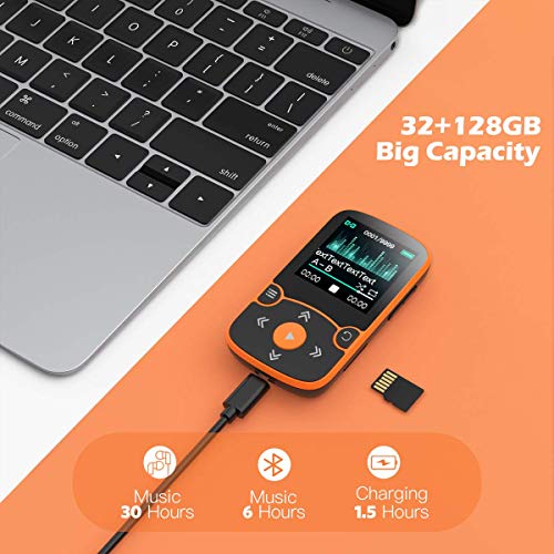 32GB MP3 Player with Clip, AGPTEK Bluetooth 5.0 Lossless Sound with FM Radio, Voice Recorder for Sport Running, Supports up to 128GB TF Card,Orange
