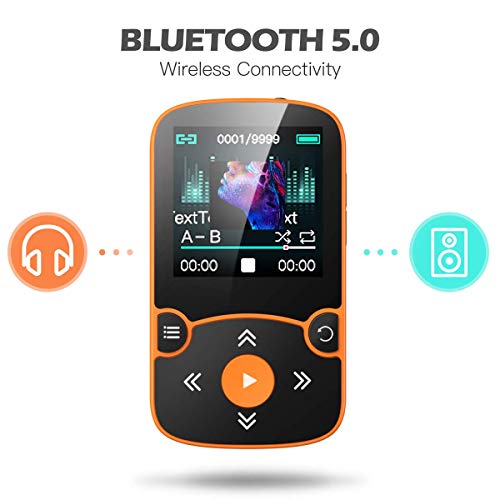 32GB MP3 Player with Clip, AGPTEK Bluetooth 5.0 Lossless Sound with FM Radio, Voice Recorder for Sport Running, Supports up to 128GB TF Card,Orange