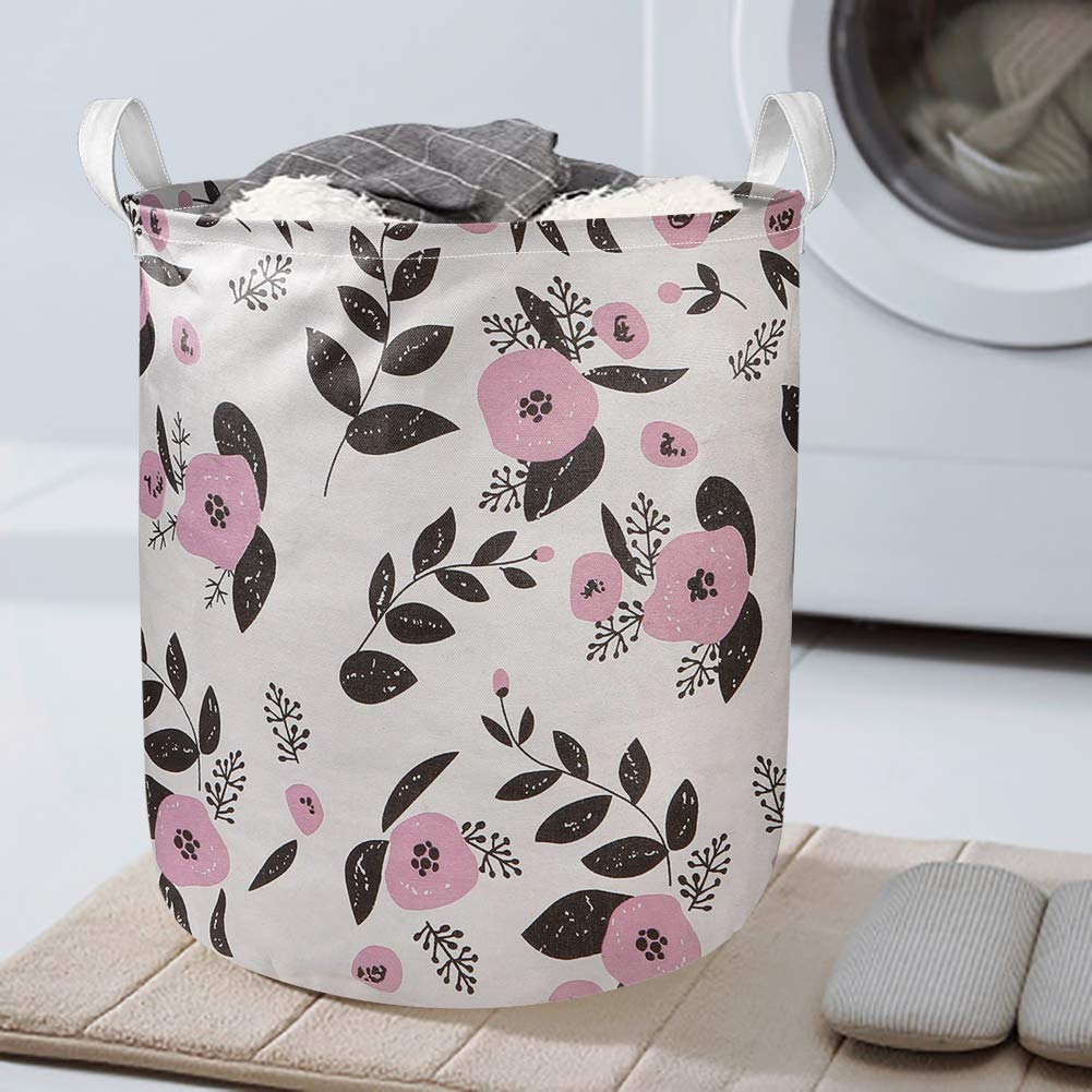 chaqlin Collapsible Laundry Basket, Laundry Hamper with Handles Waterproof Round Cotton Linen Laundry Hamper Printing Household Organizer Basket Pink Flower