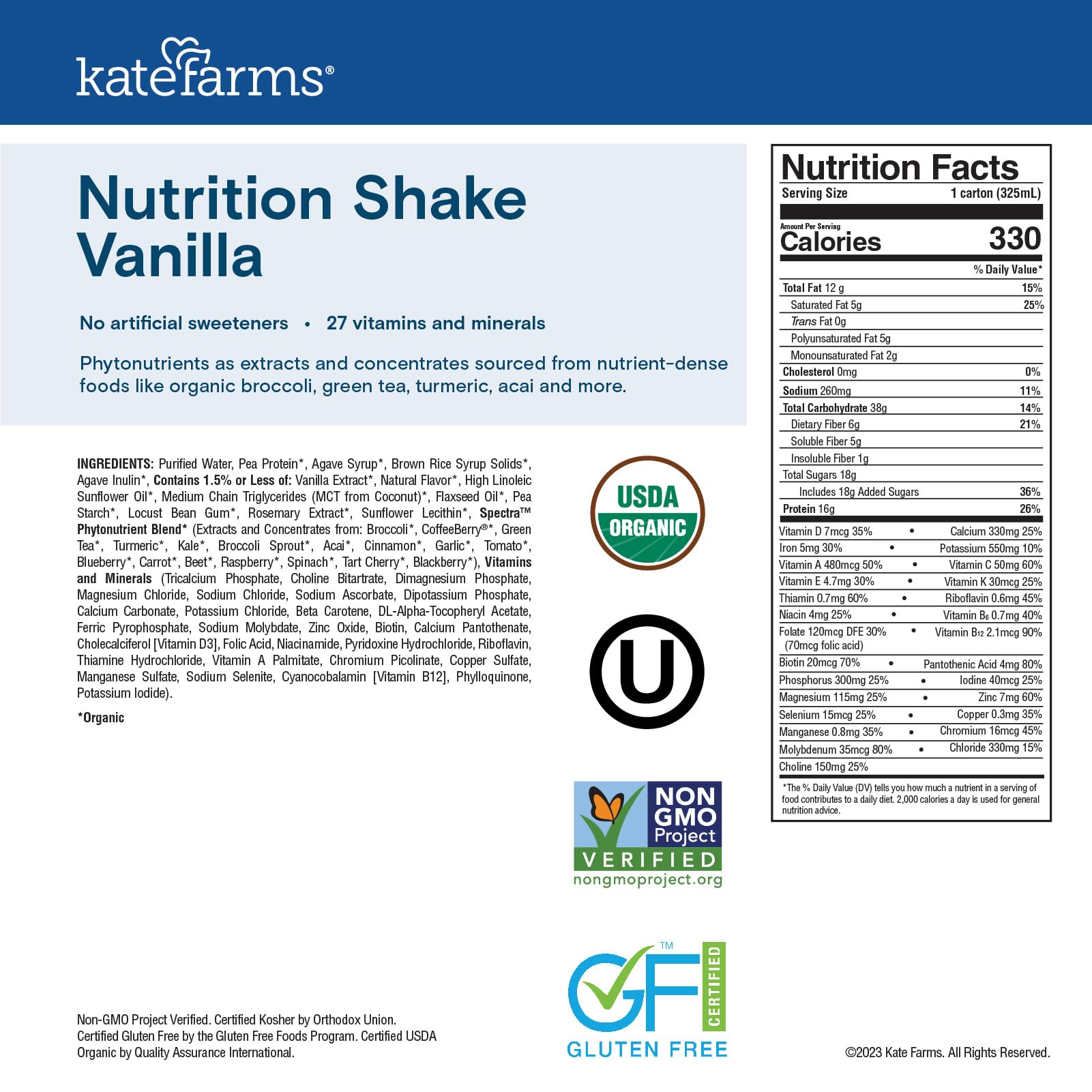 KATE FARMS Organic Plant Based Nutrition Shake, Vanilla, 16g protein, 27 Vitamins and Minerals, Meal Replacement, Protein Shake, Gluten Free, Non-GMO, 11 oz (12 Pack)