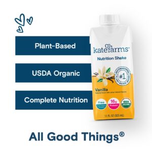 KATE FARMS Organic Plant Based Nutrition Shake, Vanilla, 16g protein, 27 Vitamins and Minerals, Meal Replacement, Protein Shake, Gluten Free, Non-GMO, 11 oz (12 Pack)